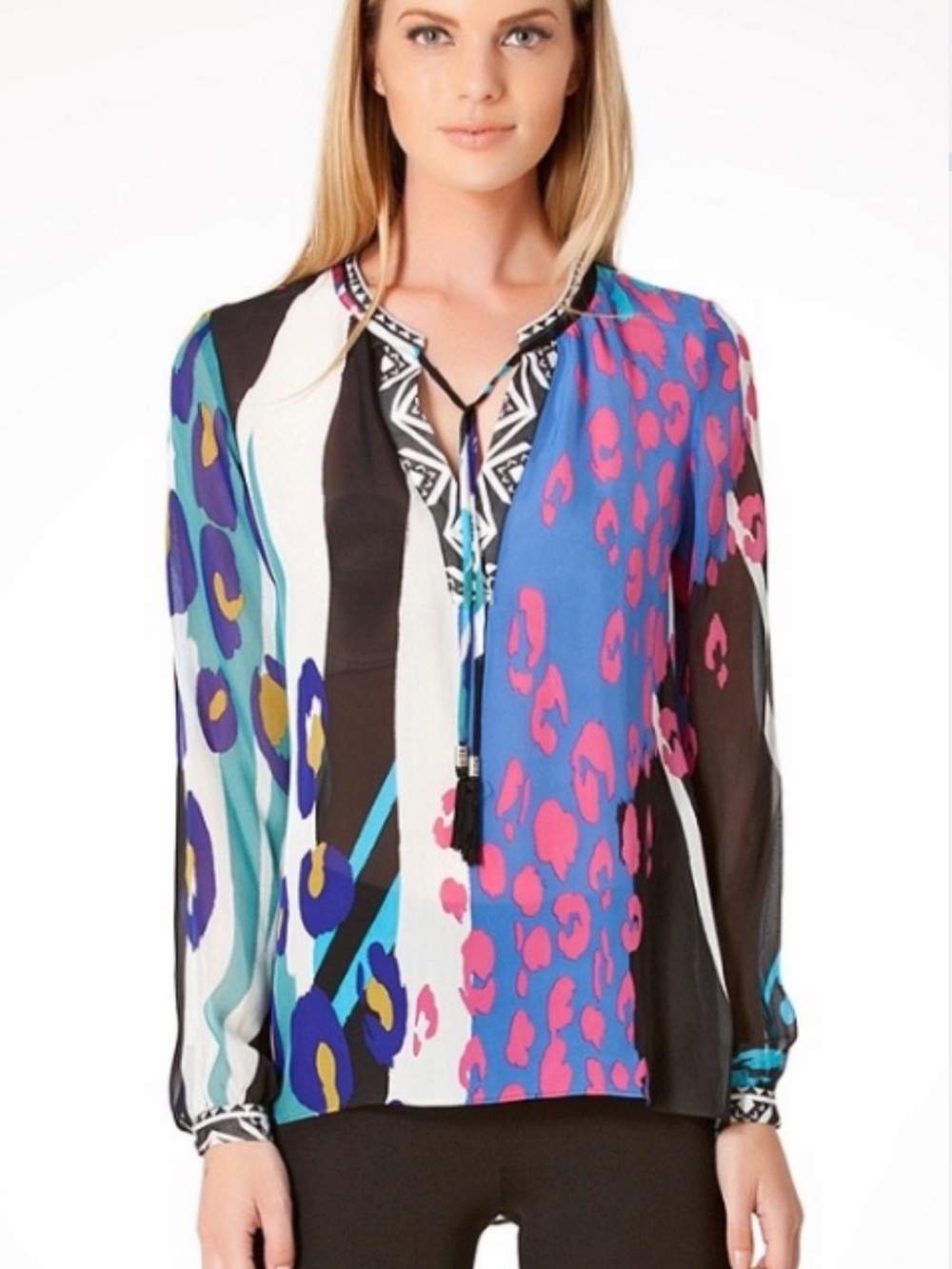 Hale Bob Silk Abstract Multi-Color Printed Long-Sleeve Blouse S